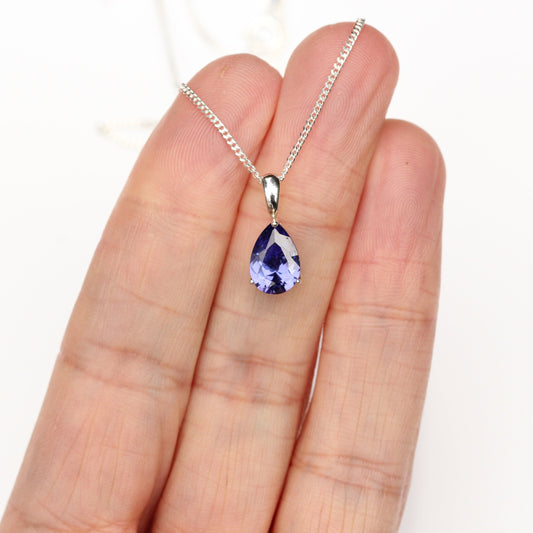10x7mm Cubic Zirconia Tanzanite Teardrop Sterling Silver Pendant Necklace - December Birthstone