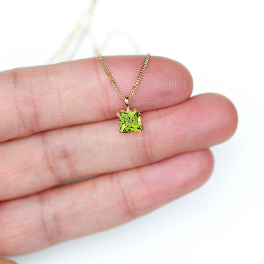 6mm Natural Peridot Square 9ct Yellow Gold Pendant Necklace - August Birthstone