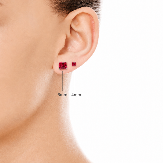 Lab-Grown Ruby Sterling Silver Square Stud Earrings - July Birthstone