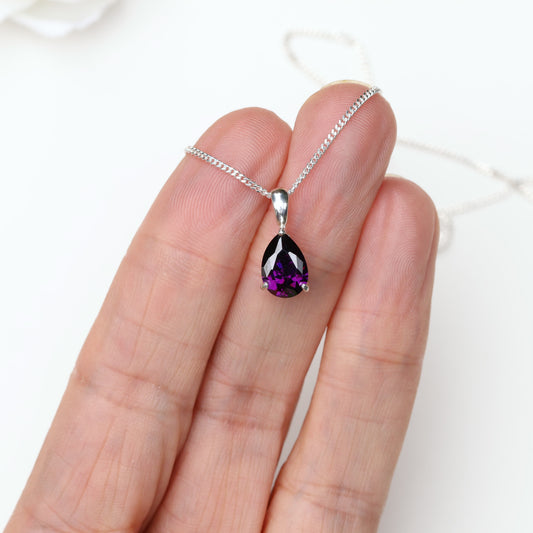 10x7mm Natural Amethyst Teardrop Sterling Silver Pendant Necklace - February Birthstone