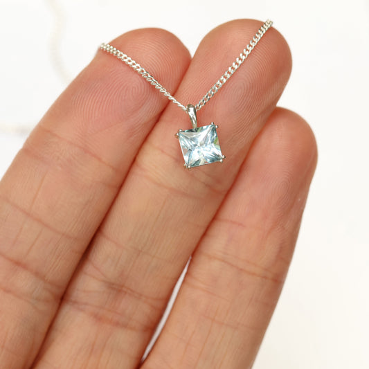 6mm Lab-Grown Aquamarine Spinel Square Sterling Silver Pendant Necklace - March Birthstone
