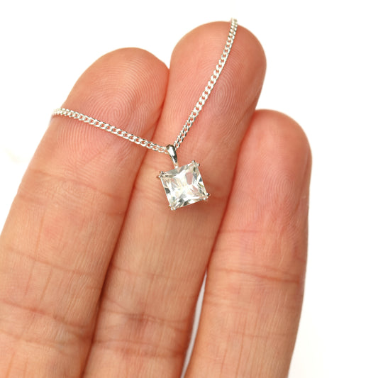 6mm Natural White Topaz Square 925 Sterling Silver Pendant Necklace - April Birthstone