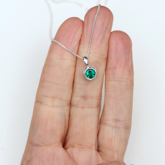 6mm Lab-Grown Emerald Sterling Silver Round Pendant Necklace - May Birthstone