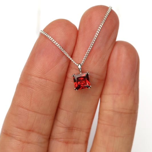 6mm Natural Garnet Square 925 Sterling Silver Pendant Necklace - January Birthstone
