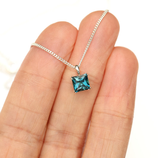 6mm Square Natural London Blue Topaz 925 Sterling Silver Pendant Necklace - December Birthstone