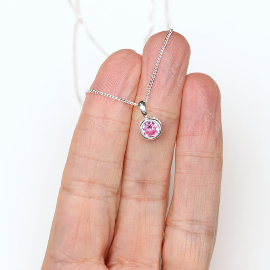 6mm Lab-Grown Pink Sapphire Sterling Silver Round Pendant Necklace