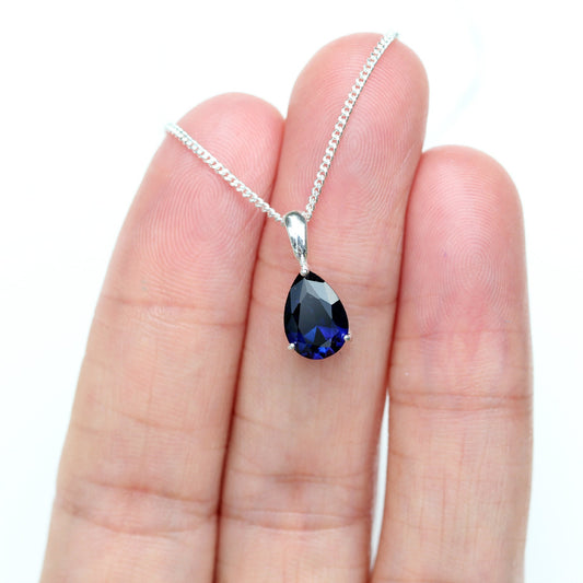 10x7mm Lab-Grown Sapphire Teardrop Sterling Silver Pendant Necklace - September Birthstone