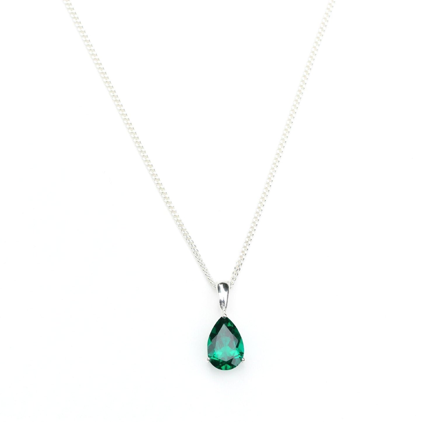 10x7mm Lab-Grown Emerald Teardrop Sterling Silver Pendant Necklace - May Birthstone