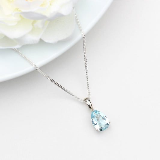 Sky Blue Topaz Necklace  - 10x7mm Teardrop Sky Blue Topaz Pendant Silver - Blue Topaz 4th Anniversary - Sky Blue Topaz Jewellery Jewelry