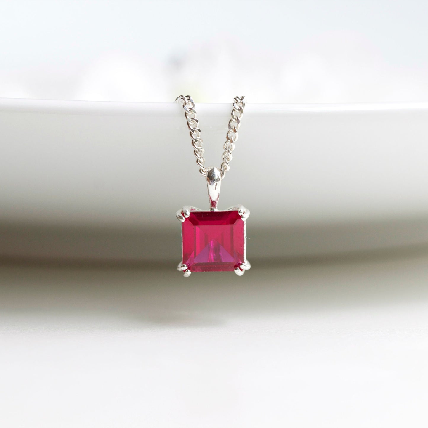 6mm Lab-Grown Ruby Square Sterling Silver Pendant Necklace - July Birthstone