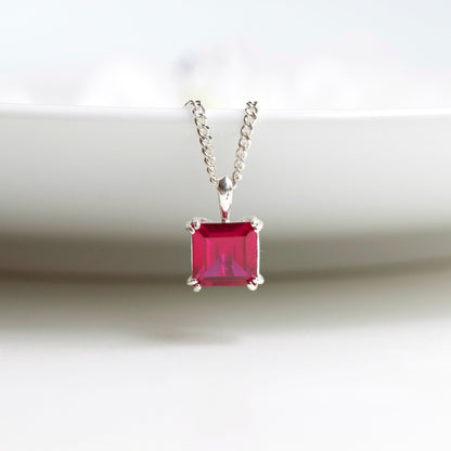6mm Lab-Grown Ruby Square Sterling Silver Pendant Necklace - July Birthstone