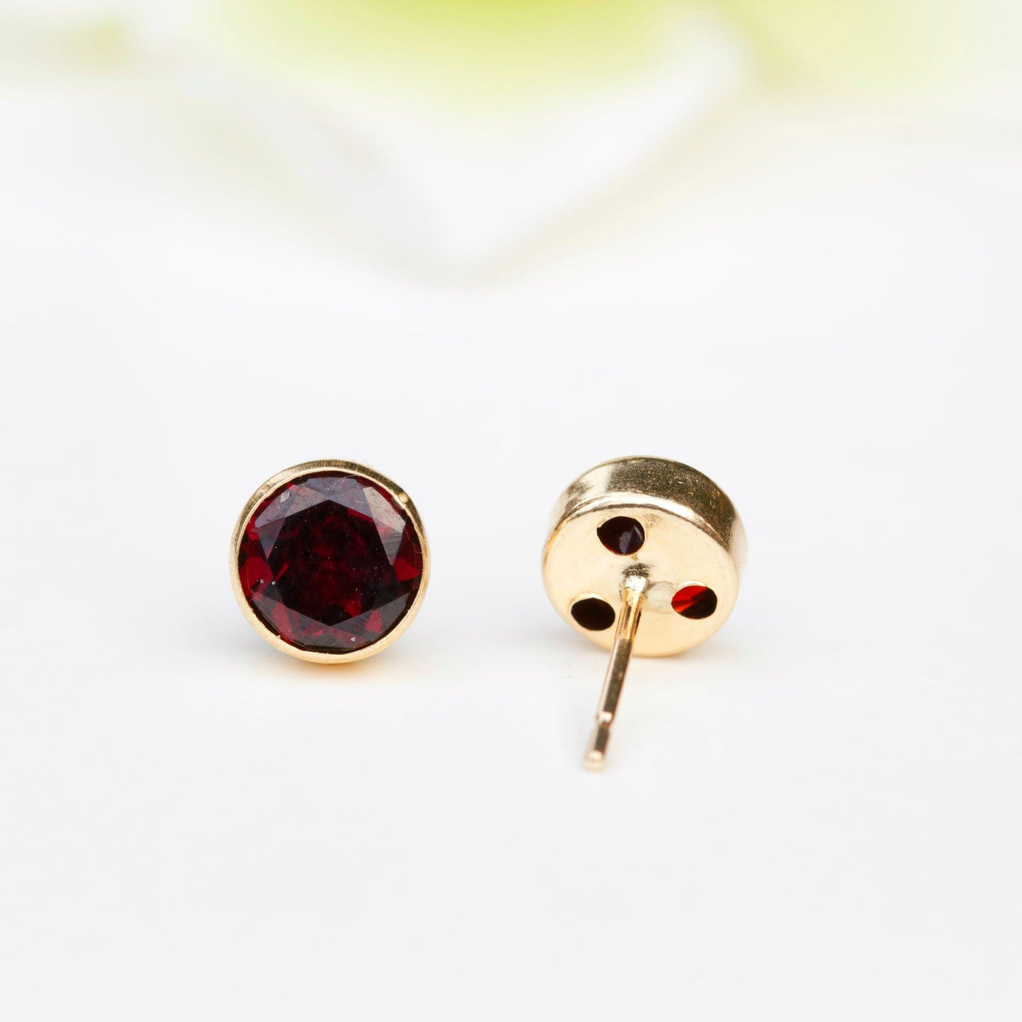 6mm Natural Garnet 9ct Yellow Gold Round Bezel Stud Earrings - January Birthstone