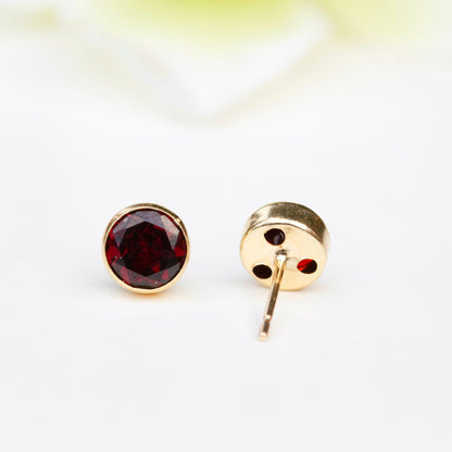 6mm Natural Garnet 9ct Yellow Gold Round Bezel Stud Earrings - January Birthstone