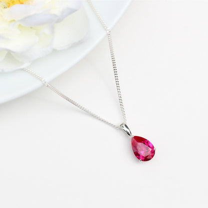 10x7mm Lab-Grown Ruby Teardrop Sterling Silver Pendant Necklace - July Birthstone