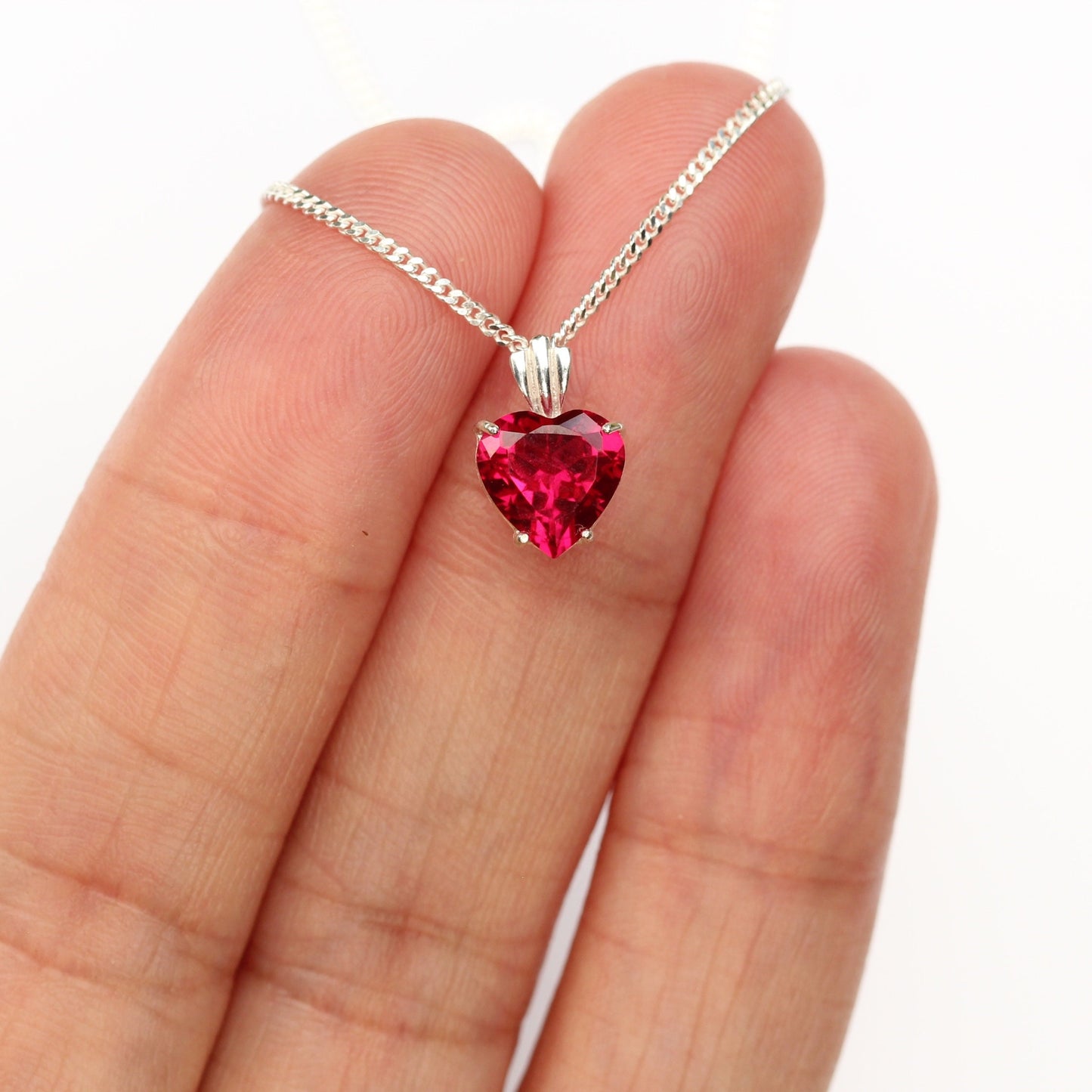 Small 8x8mm Lab Grown Ruby Heart Silver Pendant Necklace - July Birthstone