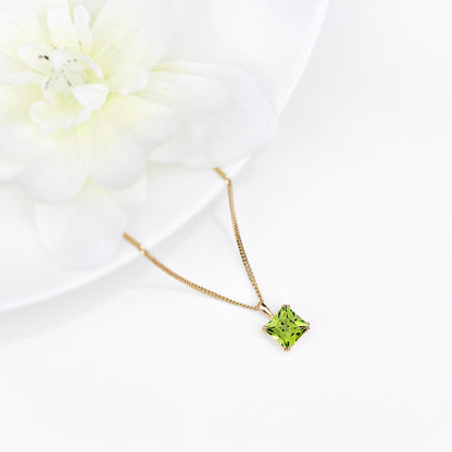6mm Natural Peridot Square 9ct Yellow Gold Pendant Necklace - August Birthstone
