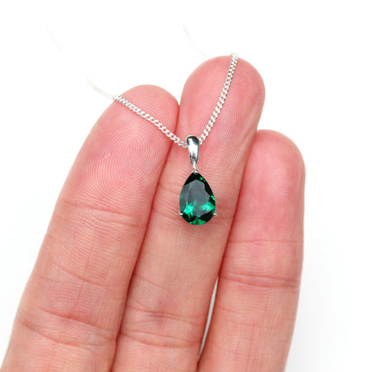 10x7mm Lab-Grown Emerald Teardrop Sterling Silver Pendant Necklace - May Birthstone