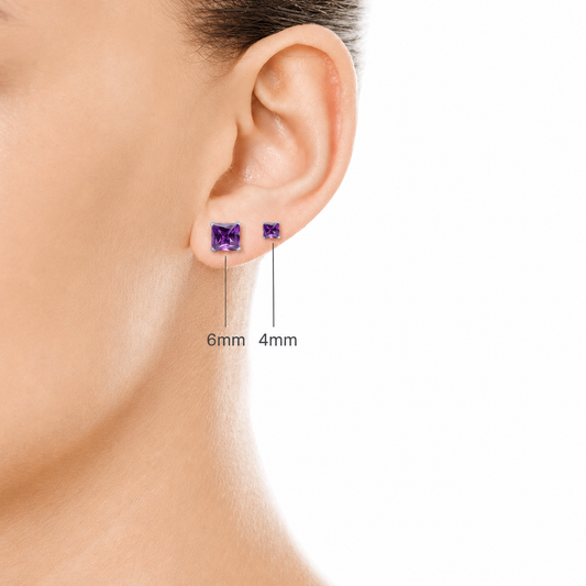 Natural Amethyst Sterling Silver Square Stud Earrings - February Birthstone