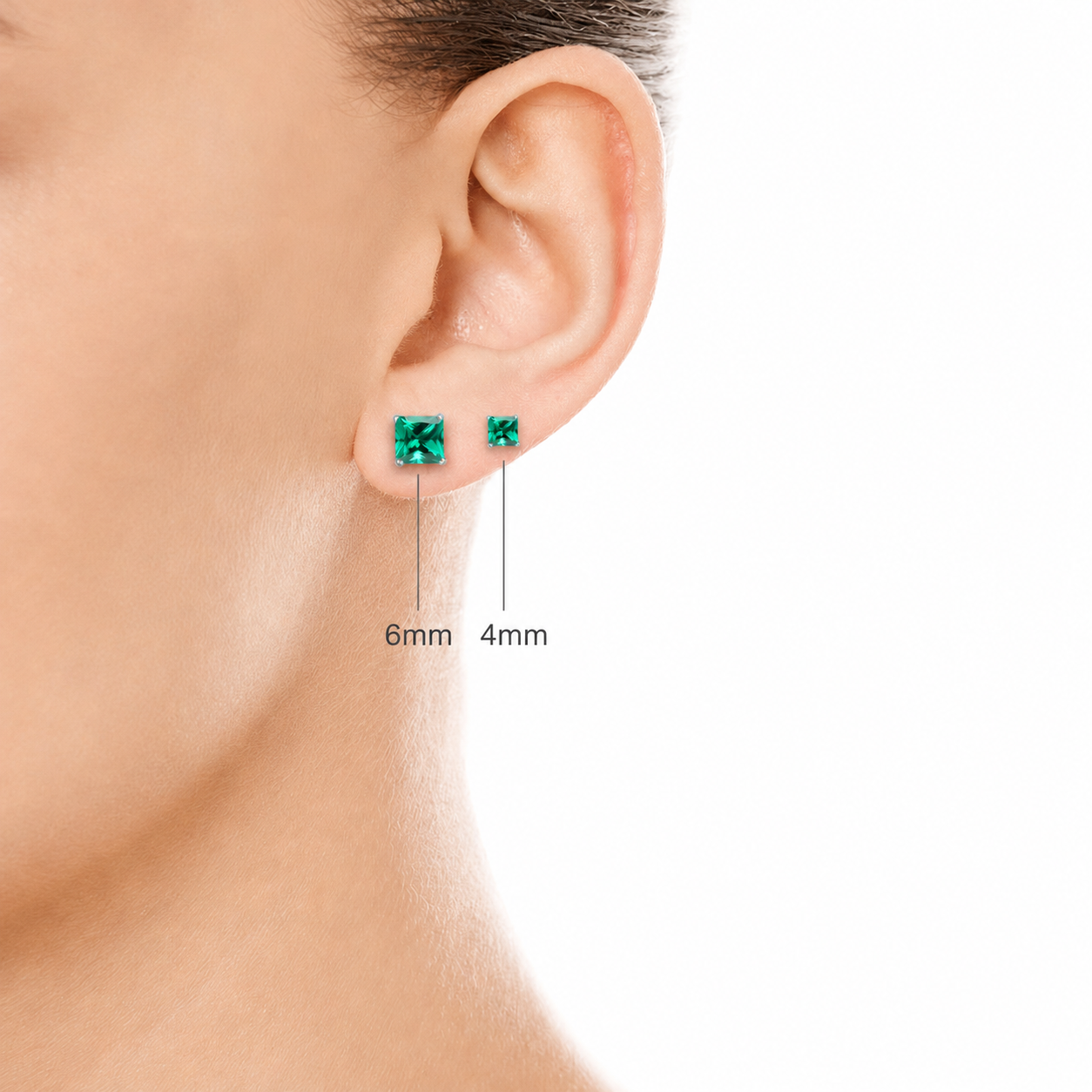 Lab-Grown Emerald Sterling Silver Square Stud Earrings - May Birthstone