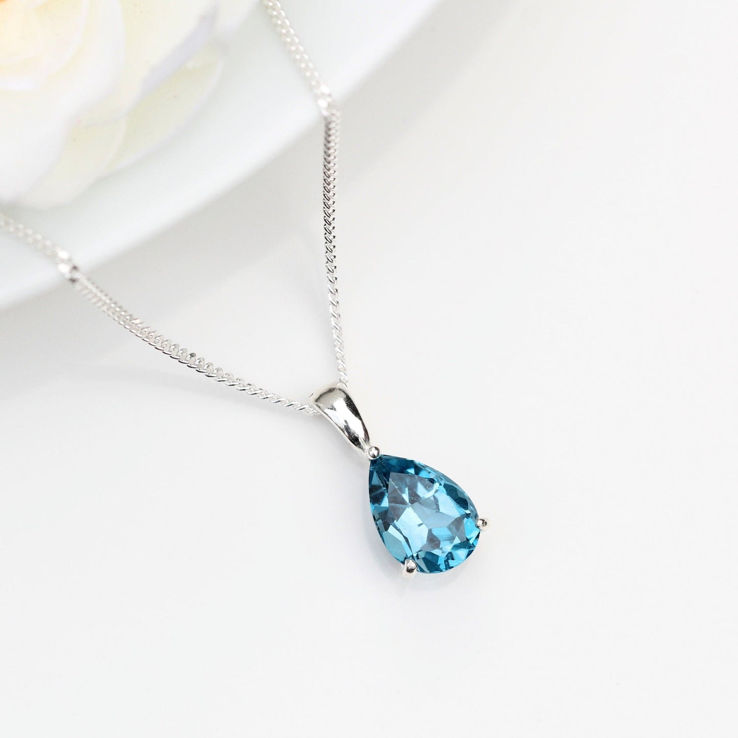 10x7mm Natural London Blue Topaz Teardrop Sterling Silver Pendant Necklace - December Birthstone