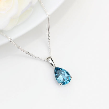 10x7mm Natural London Blue Topaz Teardrop Sterling Silver Pendant Necklace - December Birthstone
