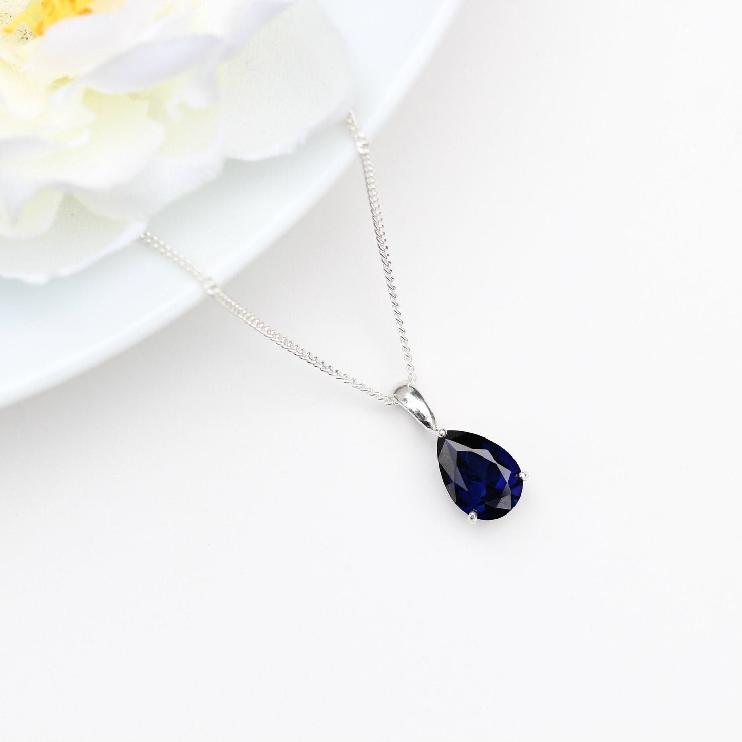 10x7mm Lab-Grown Sapphire Teardrop Sterling Silver Pendant Necklace - September Birthstone