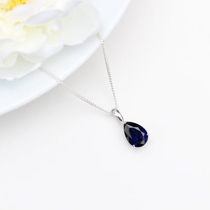 10x7mm Lab-Grown Sapphire Teardrop Sterling Silver Pendant Necklace - September Birthstone