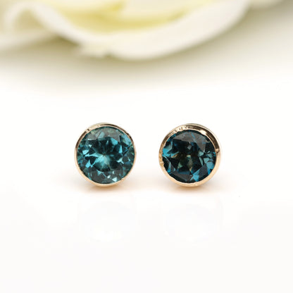 6mm Natural London Blue Topaz Yellow Gold Round Bezel Stud Earrings - December Birthstone