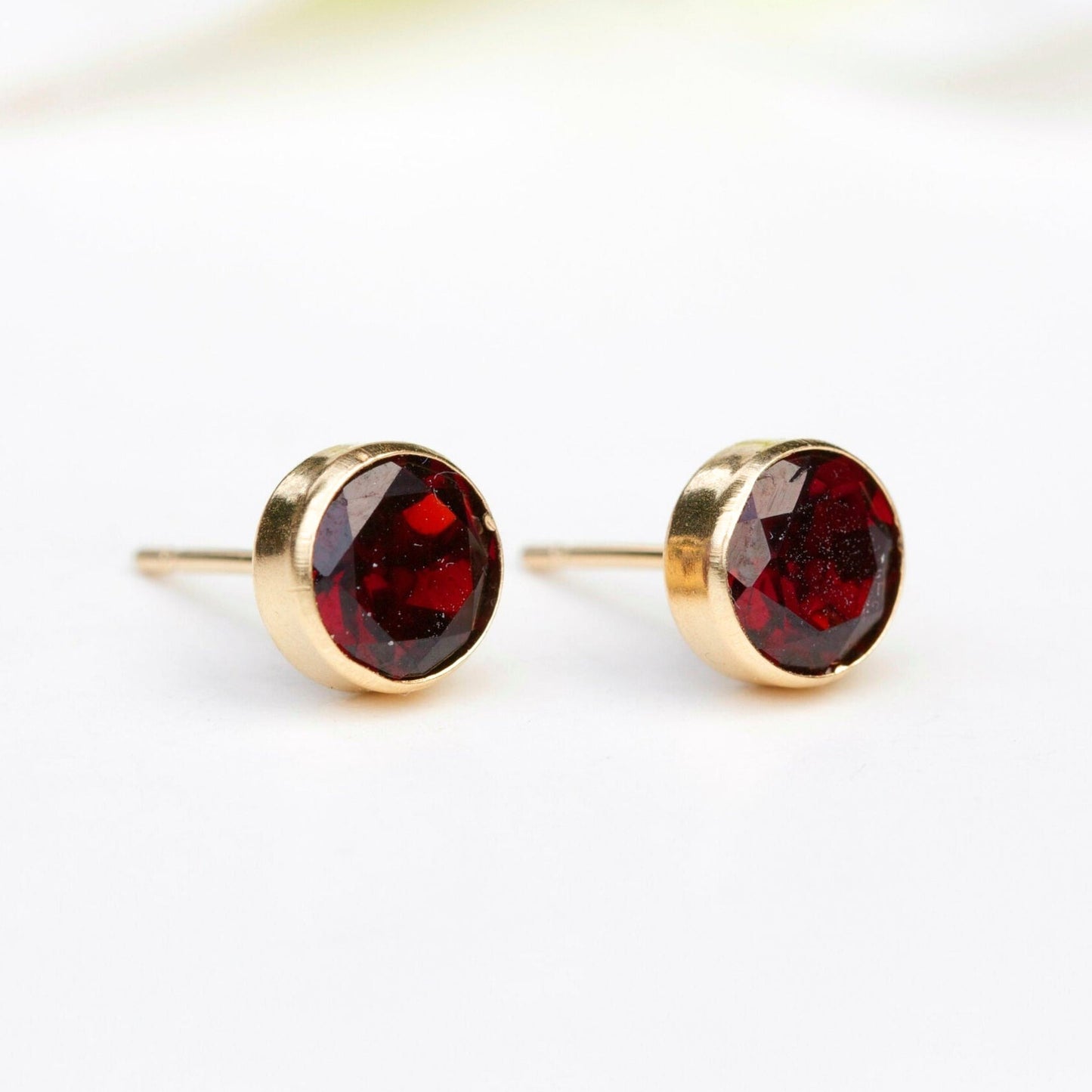 6mm Natural Garnet 9ct Yellow Gold Round Bezel Stud Earrings - January Birthstone