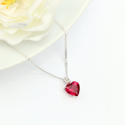 Small 8x8mm Lab Grown Ruby Heart Silver Pendant Necklace - July Birthstone