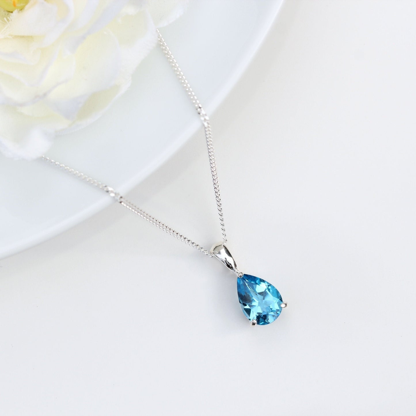 10x7mm Natural Swiss Blue Topaz Teardrop Sterling Silver Pendant Necklace - November Birthstone