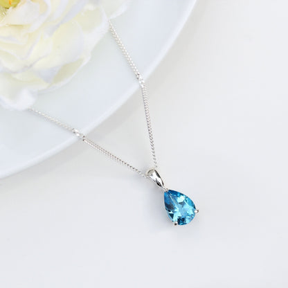 10x7mm Natural Swiss Blue Topaz Teardrop Sterling Silver Pendant Necklace - November Birthstone