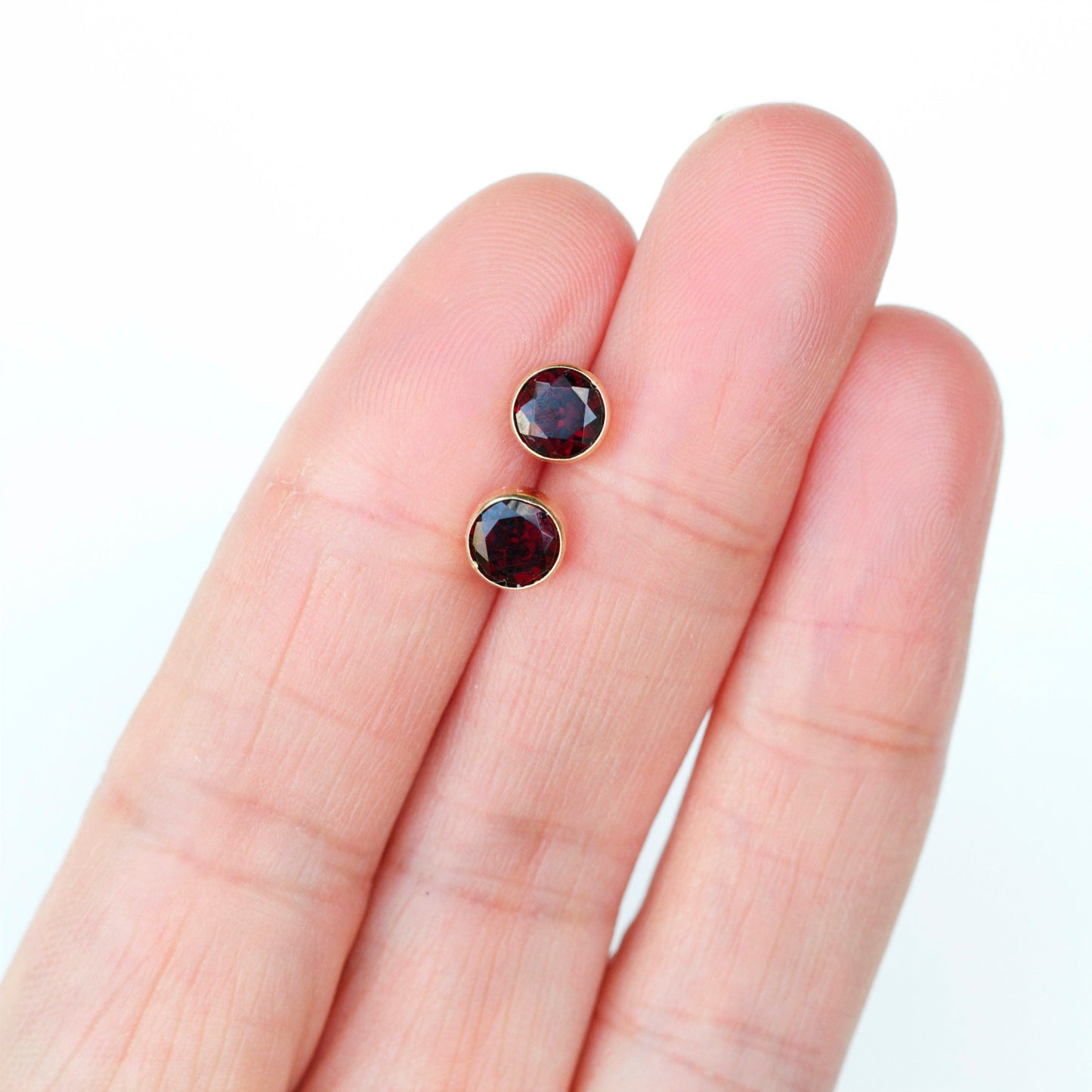 6mm Natural Garnet 9ct Yellow Gold Round Bezel Stud Earrings - January Birthstone