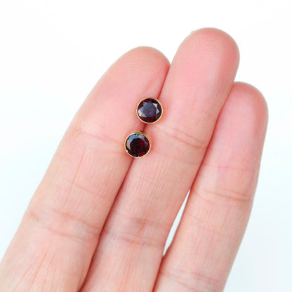 6mm Natural Garnet 9ct Yellow Gold Round Bezel Stud Earrings - January Birthstone