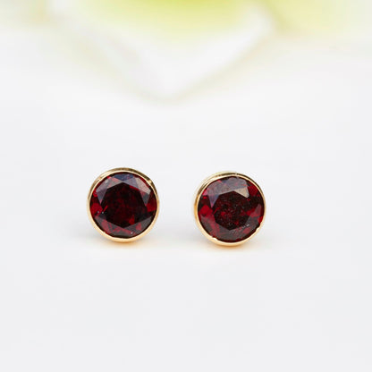 6mm Natural Garnet 9ct Yellow Gold Round Bezel Stud Earrings - January Birthstone