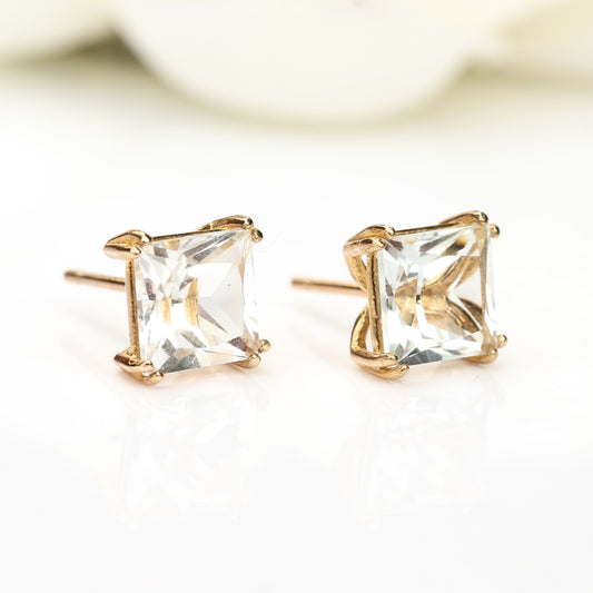 6mm Natural White Topaz 9ct Yellow Gold Square Stud Earrings - April Birthstone