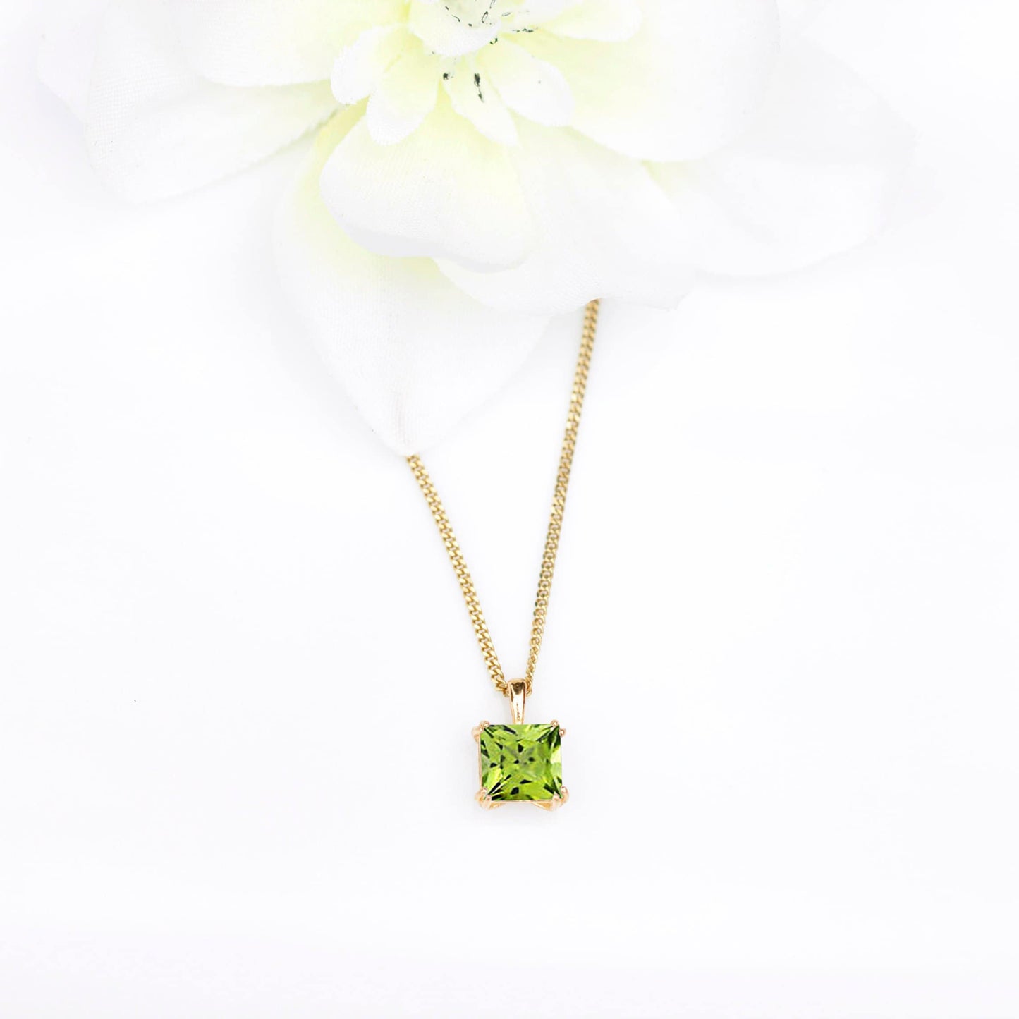6mm Natural Peridot Square 9ct Yellow Gold Pendant Necklace - August Birthstone