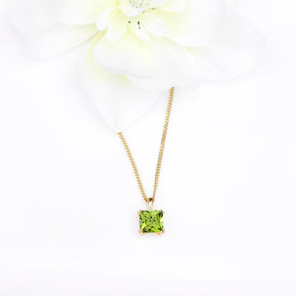 6mm Natural Peridot Square 9ct Yellow Gold Pendant Necklace - August Birthstone