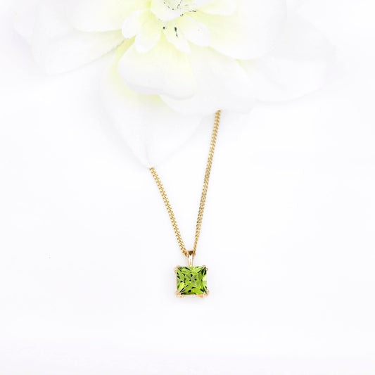 6mm Natural Peridot Square 9ct Yellow Gold Pendant Necklace - August Birthstone