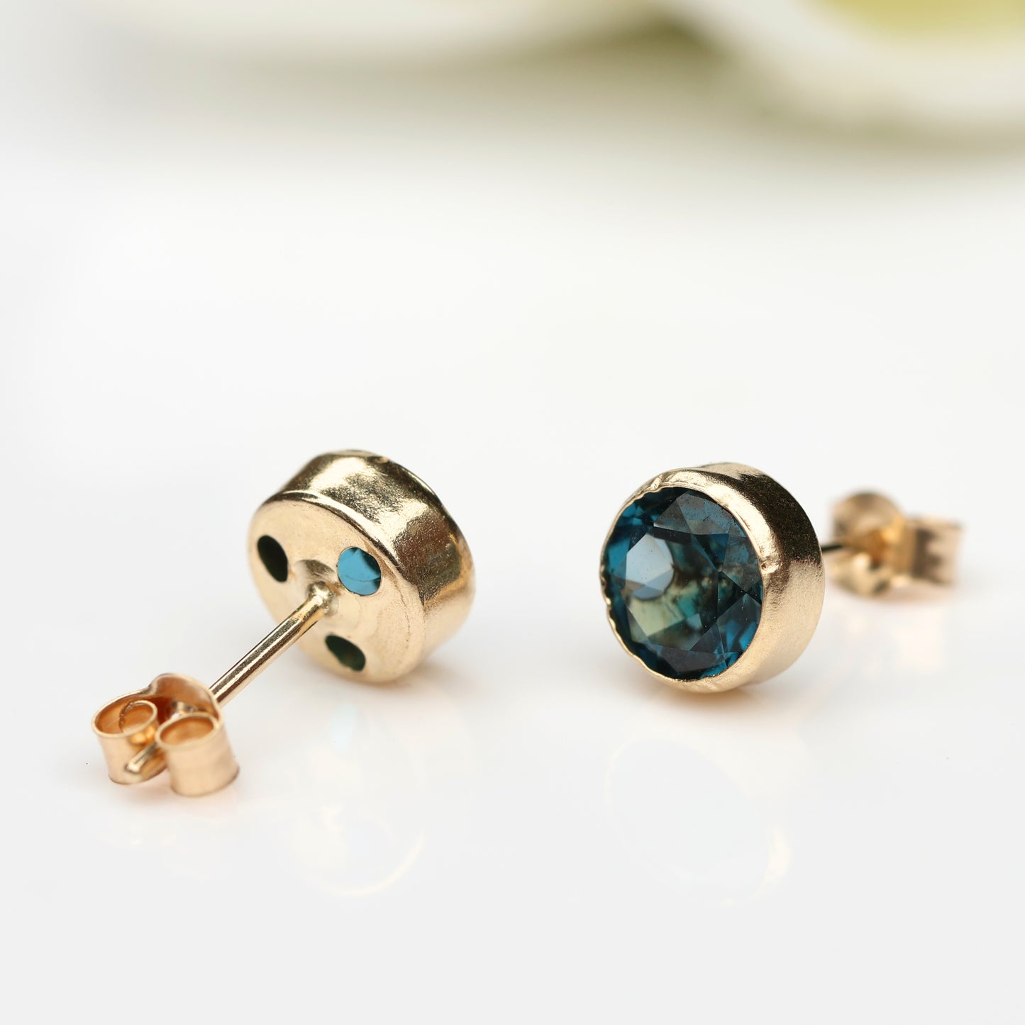 6mm Natural London Blue Topaz Yellow Gold Round Bezel Stud Earrings - December Birthstone