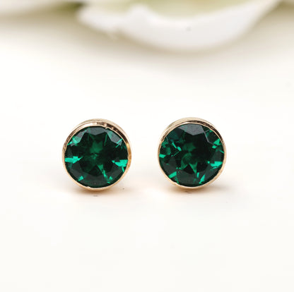 6mm Lab-Grown Emerald 9ct Yellow Gold Round Bezel Stud Earrings - May Birthstone