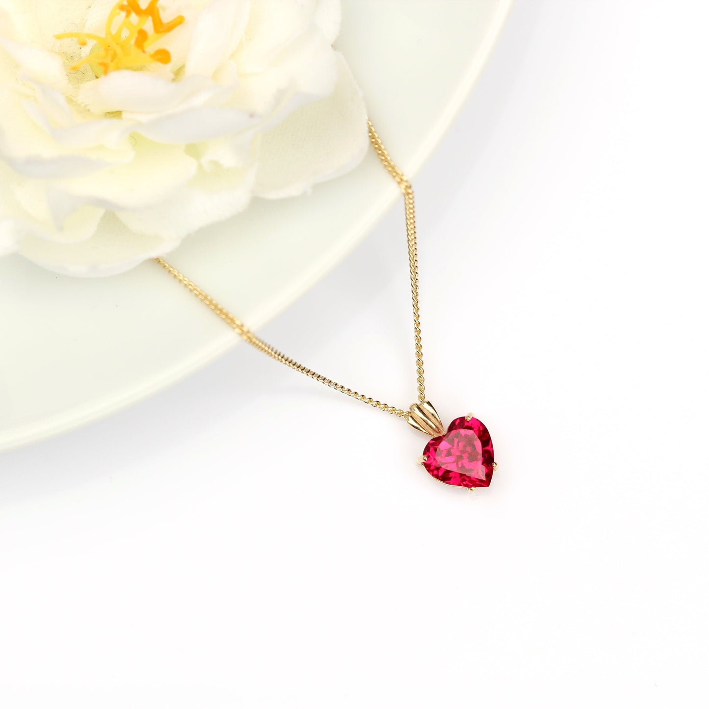 Small 8x8mm Lab Grown Ruby Heart 9ct Yellow Gold Pendant Necklace - July Birthstone