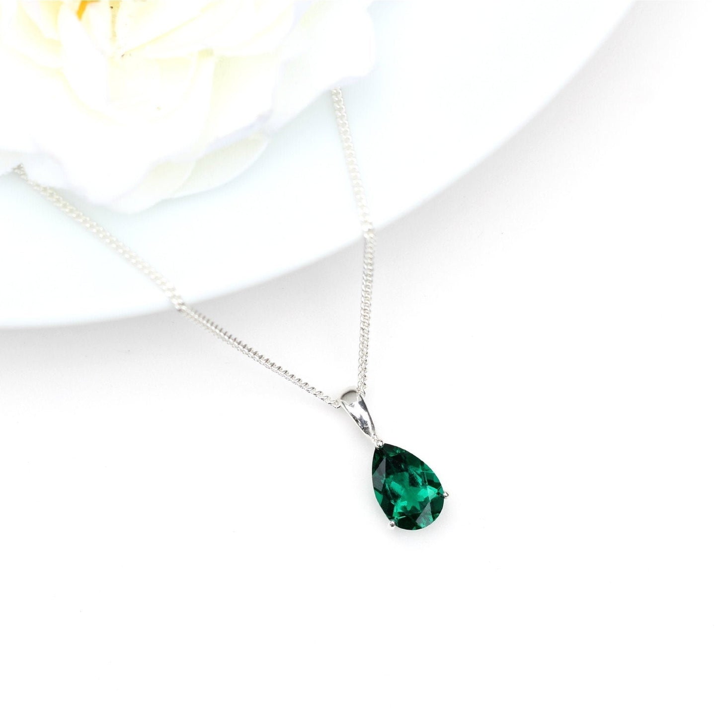10x7mm Lab-Grown Emerald Teardrop Sterling Silver Pendant Necklace - May Birthstone