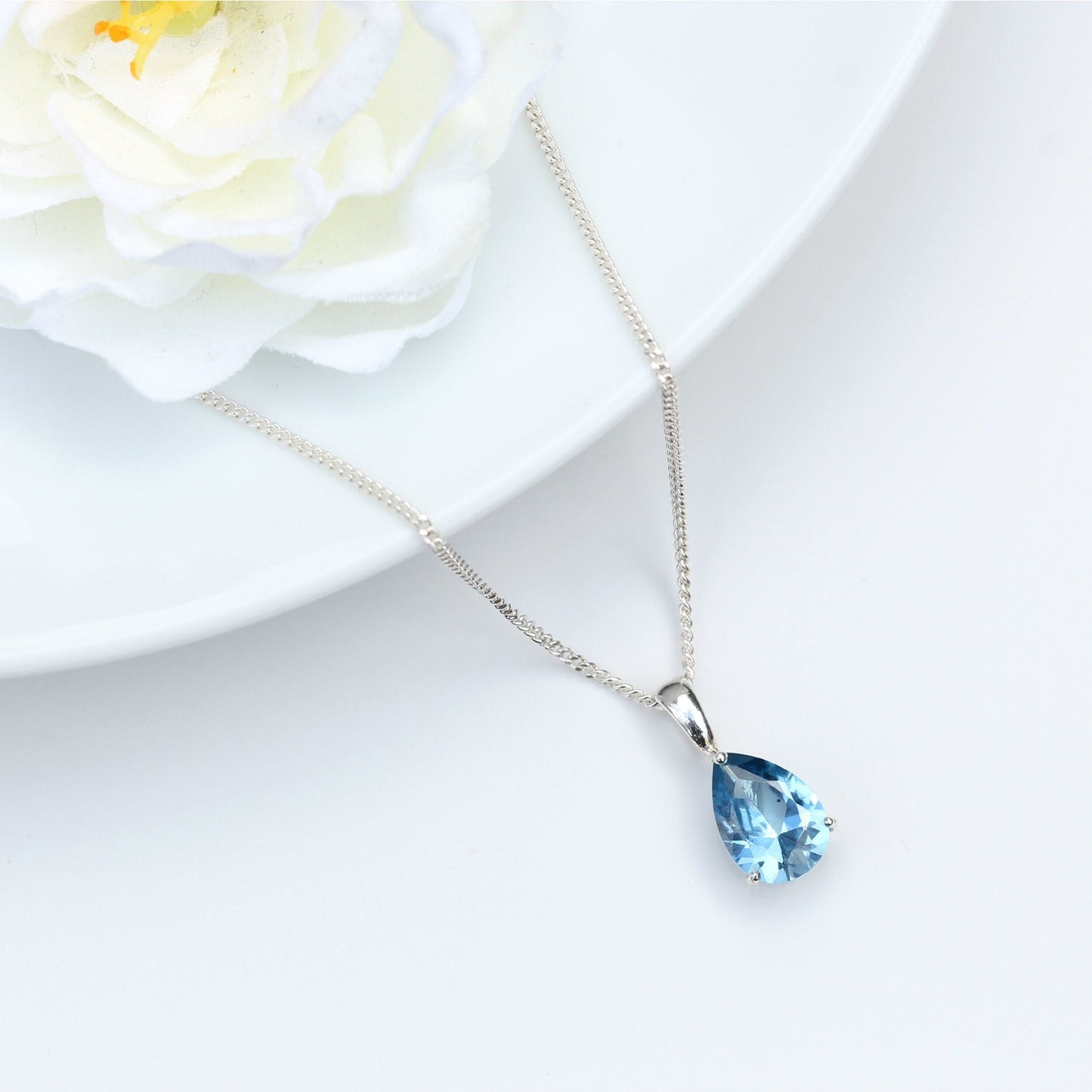 10x7mm Lab-Grown Aquamarine Spinel Teardrop Sterling Silver Pendant Necklace - March Birthstone