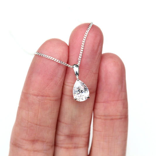 10x7mm Natural White Topaz Teardrop Sterling Silver Pendant Necklace - April Birthstone