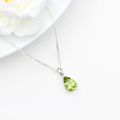 10x7mm Natural Peridot Teardrop Sterling Silver Pendant Necklace - August Birthstone