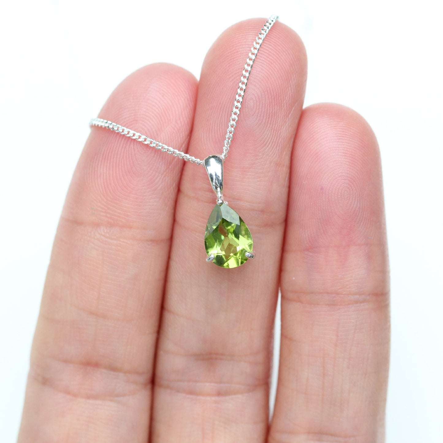10x7mm Natural Peridot Teardrop Sterling Silver Pendant Necklace - August Birthstone
