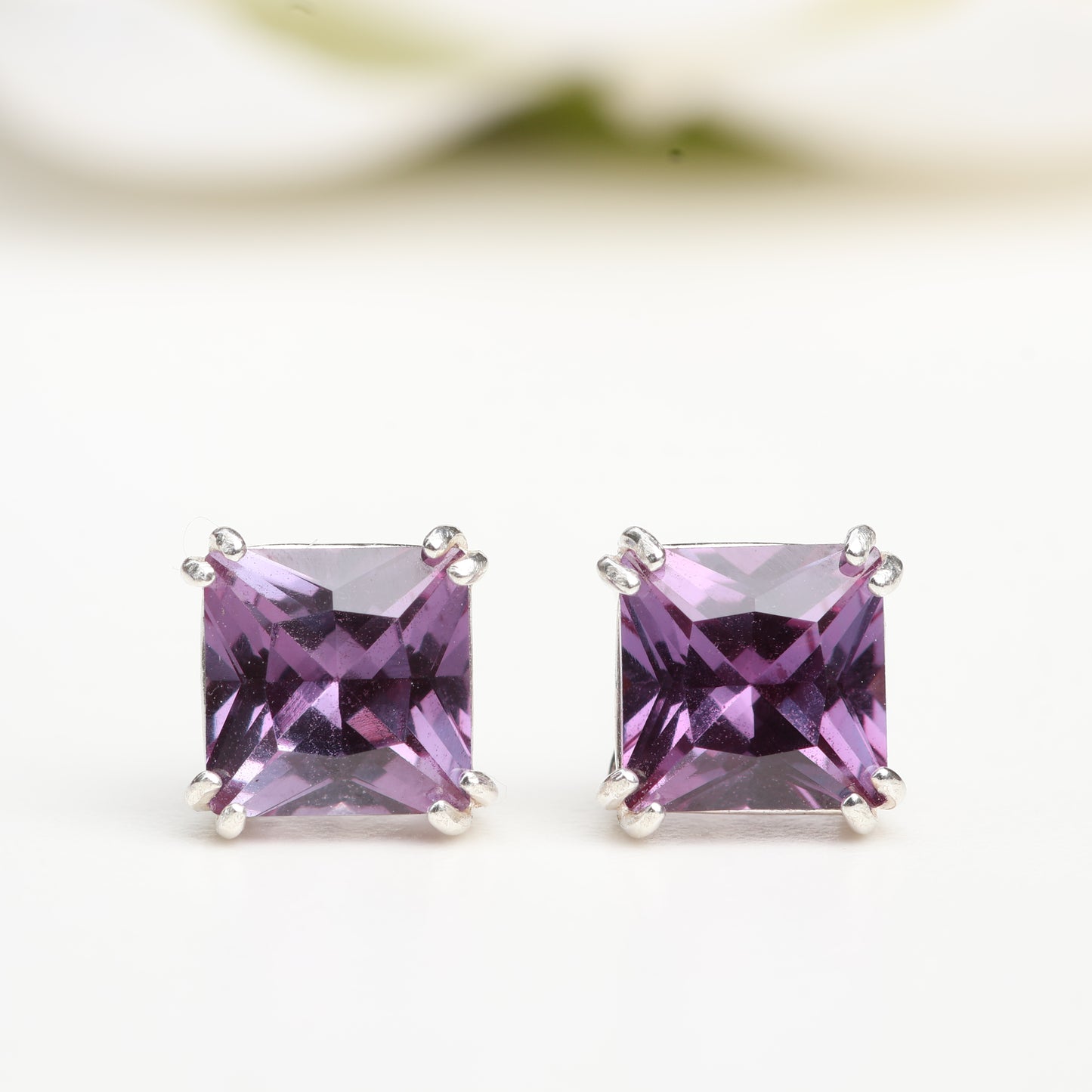 6mm Square Lab-Grown Alexandrite Sterling Silver Stud Earrings Silver - June Birthstone