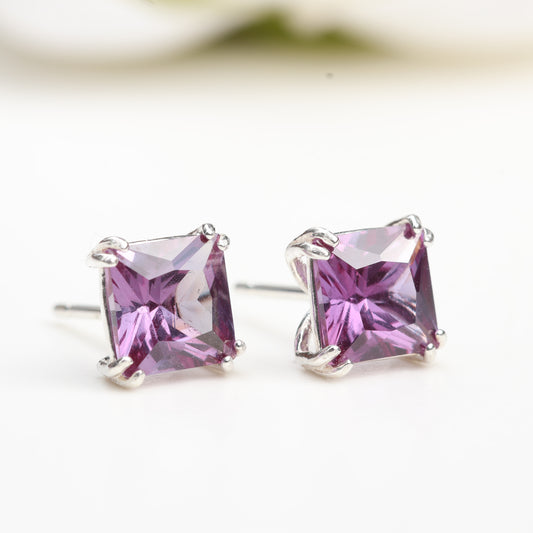 6mm Square Lab-Grown Alexandrite Sterling Silver Stud Earrings Silver - June Birthstone