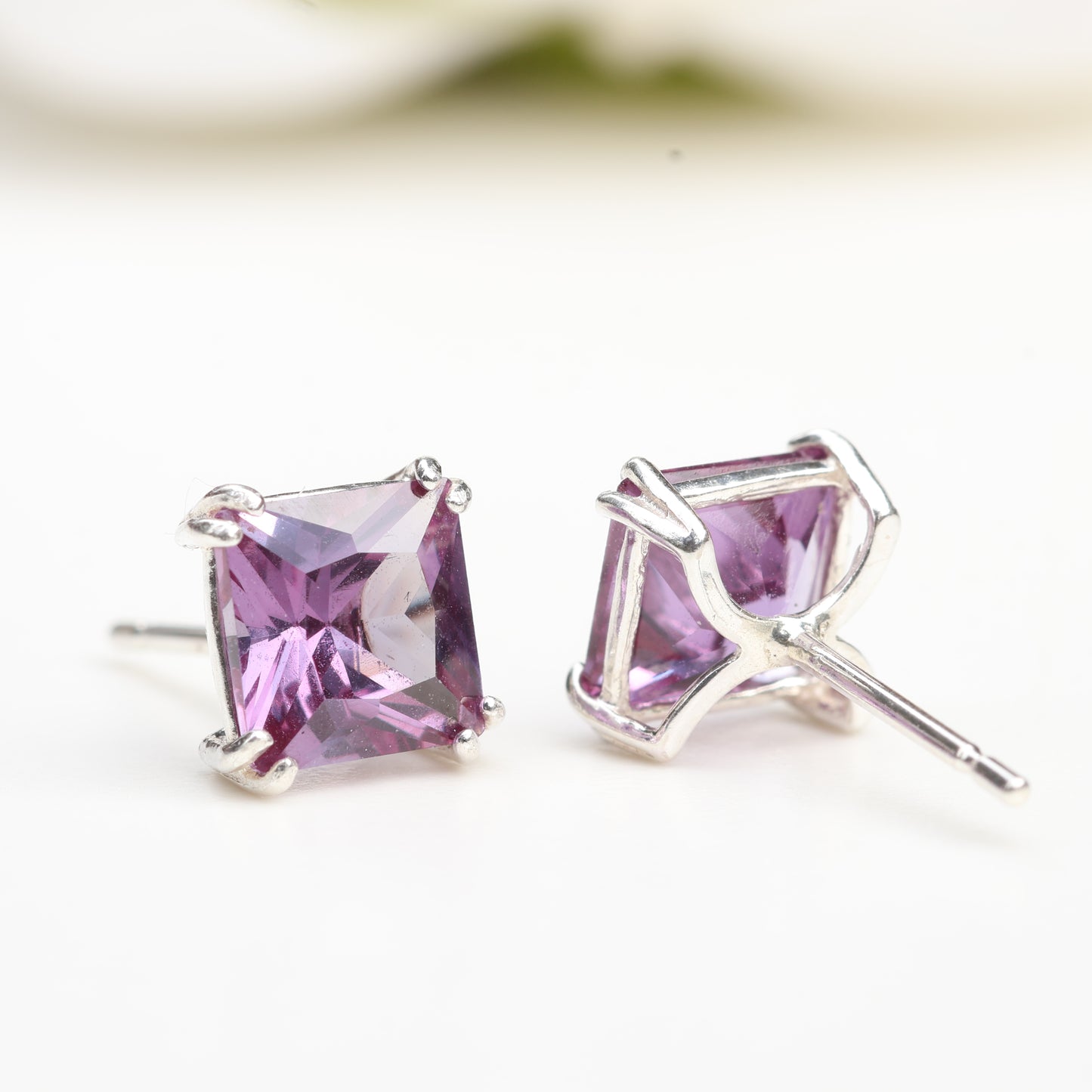 6mm Square Lab-Grown Alexandrite Sterling Silver Stud Earrings Silver - June Birthstone